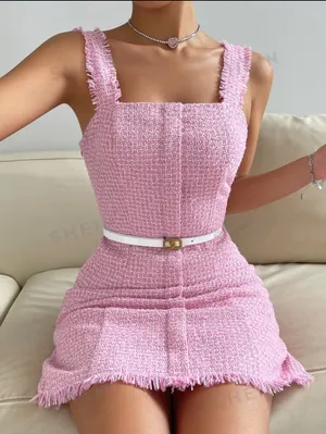 SheIn Privé Raw Trim Tweed Dress Without Belt thumbnail 1