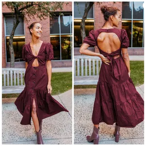 Lulus Midi Dress Wmns XS Burgundy Cottagecore Puff Sleeve Tiered Back Cutout Tie thumbnail 2