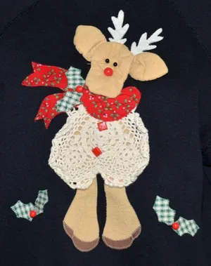 Tultex Vintage Hand Crafted Black Christmas 3-D Reindeer Sweatshirt Size L Granny Core thumbnail 3