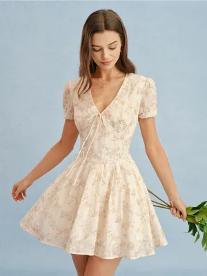 Rihoas Orange V Neck Tie Floral Mini Dress thumbnail 3
