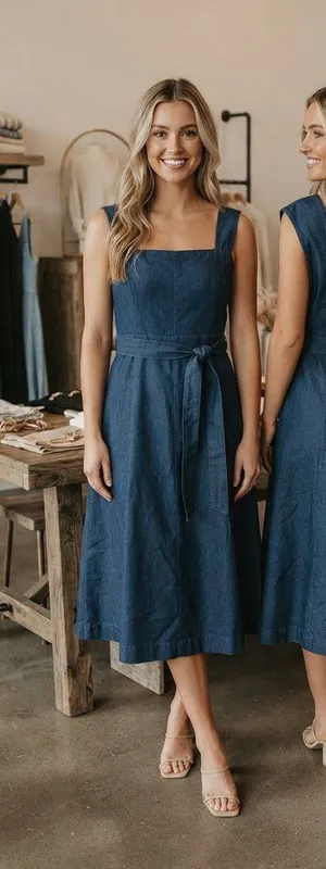 $179 NWT urban Outfitters Courtshop Denim Anita Midi Dress Charming chambray M thumbnail 1