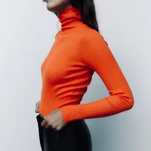 NWT!! ZARA Ribbed Turtleneck Sweater Bright Orange Fitted Knit Cropped Small thumbnail 5
