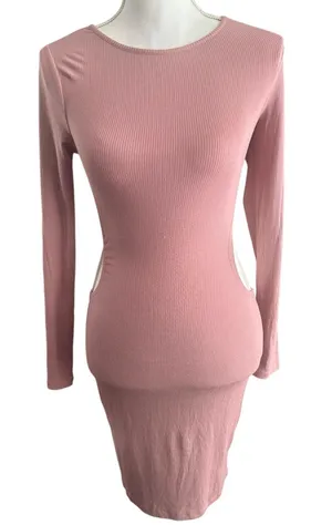 Long Sleeve Ribbed Pink Bodycon Dress thumbnail 1