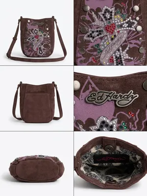 NWT Ed Hardy Y2K Rhinestone Crossbody Purse Purple Suede Crystal Cross Studded thumbnail 2