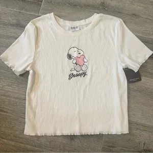 Grayson Collective Social Peanuts Snoopy White Ribbed Cropped T-Shirt Medium NWT thumbnail 1