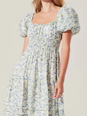 Astr Floral Smocked Maxi Dress in Light Blue and Cream thumbnail 3
