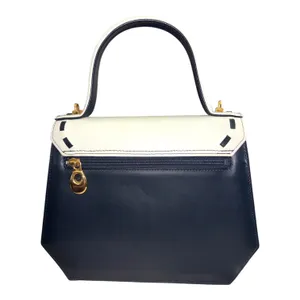 Vintage Madras Leather Crossbody Bag Top Handle Navy Blue Cream M logo thumbnail 4