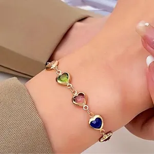 Elegant Heart Charm Bracelet in Gold with Multicolor Accents thumbnail 1