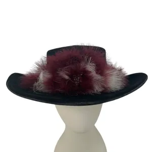 Bailey 7 1/8 Cowboy Hat U-Rollit Feather Trim Vintage Western Black Burgundy thumbnail 2