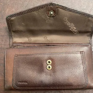 Fossil Genuine Leather Brown Checkbook Wallet Snap Flap Organizer Long Wallet thumbnail 2