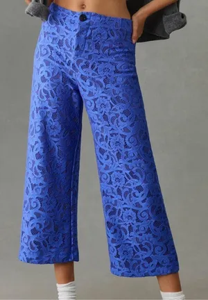 Maeve by Anthropologie colette Blue Lace Cropped Wide-Leg Pants 26 thumbnail 1