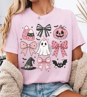 Comfort Colors Halloween Pink Bows and Ghost Tee Shirt thumbnail 1