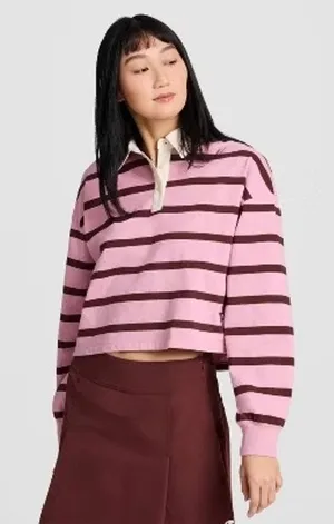 Champion Shirt XS Long Sleeve Rugby Top Cropped Pink Polo Preppy Academia thumbnail 1