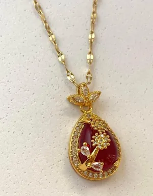 18K Gold Plated Red Crystal Flower Pendant Necklace for Women thumbnail 2