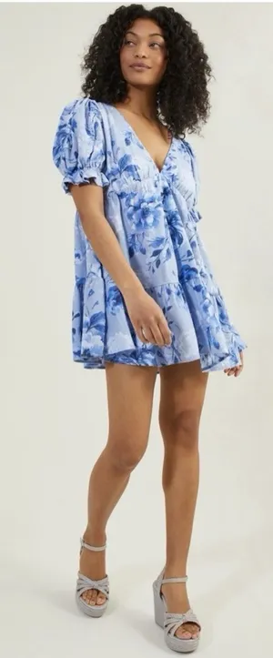Altar'd State Women's size Large Blue Floral Linen Blend Fit Flare Dress V Neck thumbnail 1