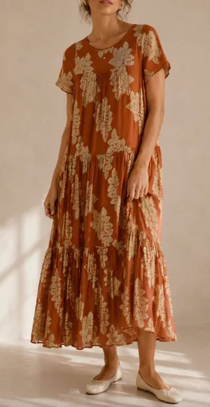 Anthropologie Jocasta Tiered Maxi Dress Burnt Orange Gold Metallic XS thumbnail 1