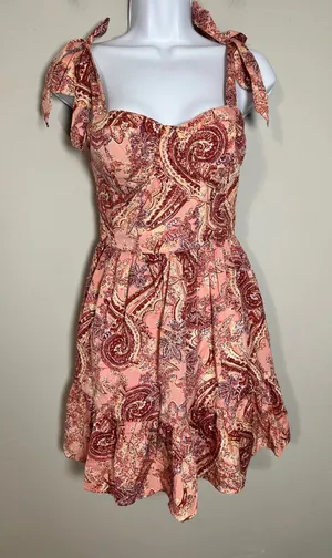 BOG Collective Paisley Print Tiered‎ Mini Dress Tie Shoulder Pink XS thumbnail 1