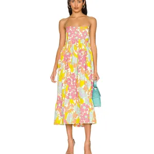 S/W/F En-Flowered Midi Dress Medium Pink‎ Floral Retro Mod Boho Sundress Cotton thumbnail 2
