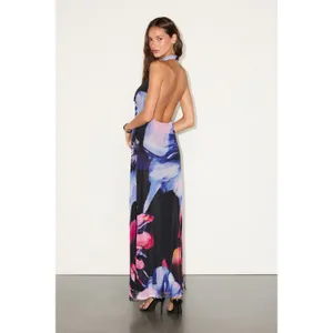 NWT Lulus Rania Black Multi Floral Mesh Backless Maxi Dress Resort Party Gala L thumbnail 3