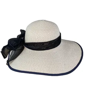 Wide‎ Brim Paper Straw Sun Hat Beige Black Organza Ribbon Bow Adjustable thumbnail 4