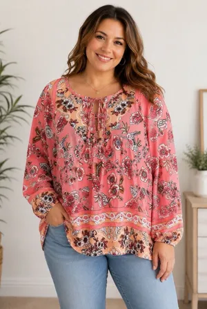 NEW Boho Floral Peasant Blouse‎ Tie Neck Long Sleeve Coral Pink XL Flowy Spring thumbnail 1
