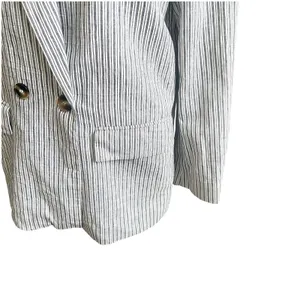 Zara Women’s Striped Linen Blend Boyfriend Blazer Size Medium Two Button Blue thumbnail 4