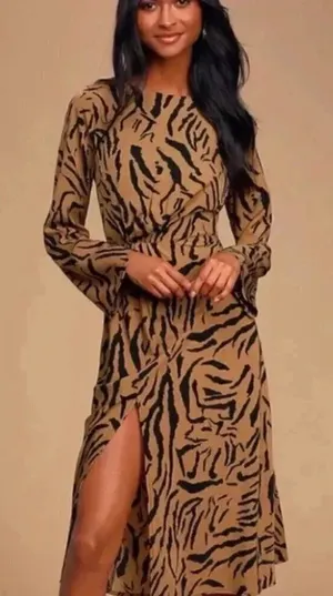 Lulus On the Prowl Tiger Print Long Sleeve Midi Dress Brown Black Size S thumbnail 1