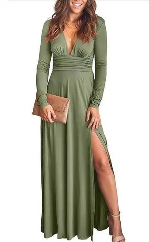 NEW Deep V Neck High Waist Slit Evening Maxi Dress XL thumbnail 1