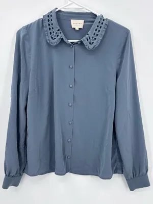 Sézane Dusty Blue Lace-Collar Button-Down Blouse 100% silk size M thumbnail 1