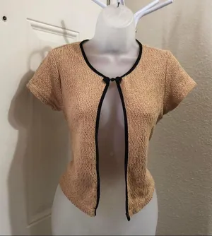 Vintage Tan black cropped cardigan bolero bow frog closure single button short sleeve dainty #coquette #cottagecore #boho #indie #grunge twee Made in USA thumbnail 1