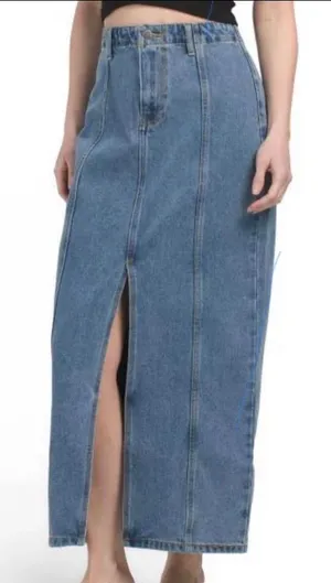 Velvet Heart High Waist Denim Maxi Skirt With Seam Detail And Front Slit - Large thumbnail 1