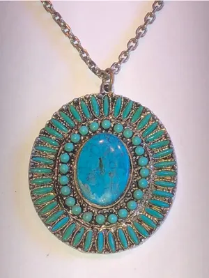 Vintage Faux Turquoise Color and Silver Tone Boho Pendant Necklace thumbnail 1