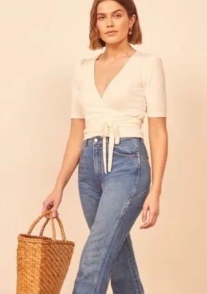 REFORMATION Rosebud Ribbed Wrap Top In Ivory thumbnail 3