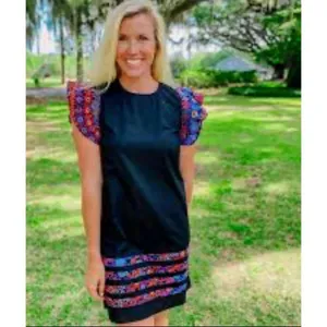 Pinch Black Cotton Shift Dress S Floral Flutter Sleeves Pockets thumbnail 11