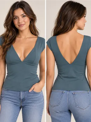 Free People Intimately XL Celtic Green Deep V Neck Fitted Top NWT thumbnail 2