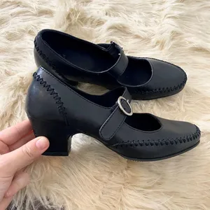 Source Unknown Chunky Whimsygoth Black Leather Stitched Mary Jane Heels Size US 7 thumbnail 4