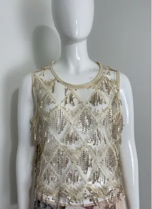Women’s Sequin Fringe Crop Top Sheer Mesh Party Festival Shirt Approx Size S thumbnail 1