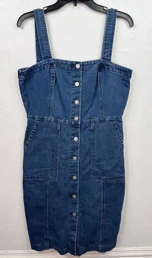 GAP Denim Overall Dress Womens Size L Medium Wash Blue Sleeveless Pockets thumbnail 1