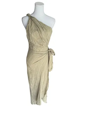 Hello Molly - NWT Golden Vibes Olive One Shoulder Midi Summer Dress SZ S thumbnail 3