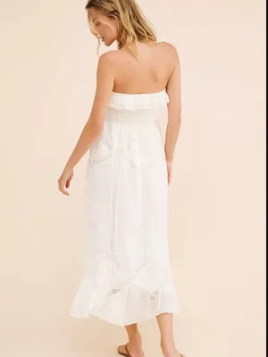 Free People Hi Hello White Cotton Smocked Strapless Lace Trim Midi Dress Size M thumbnail 14