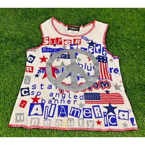 Realitee Y2K USA Patriotic Peace Sign Tank Top Glitter Stars Stripes Made USA M thumbnail 1