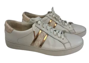 Michael Kors Irving‎ Stripe Sneakers Womens 9M White Rose Gold Leather Logo thumbnail 1