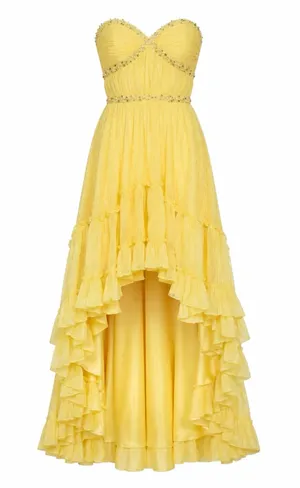 Mac Duggal Strapless Chiffon Hi Low Evening Gown Lemon Yellow Size 14 thumbnail 1