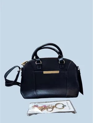 Black Faux Leather Satchel Top Handle Bag & Bag Charm thumbnail 2