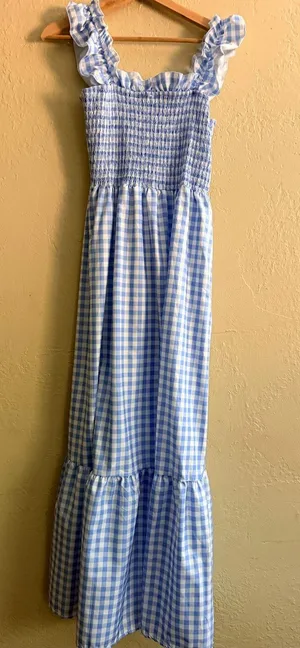 Smocked Gingham Maxi Dress with Ruffle Straps - Light Blue, length 52" thumbnail 1