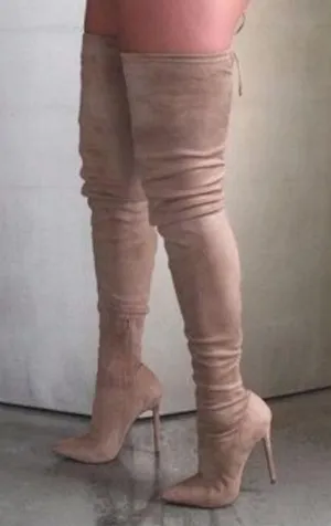 Suede Pointed Toe Over The Knees Thigh High Stretchy Heeled Boot thumbnail 1