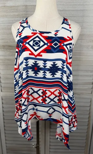 XHILARATION Southwestern Handkerchief Hem Flowy Tank Top White Red Blue-Medium thumbnail 1