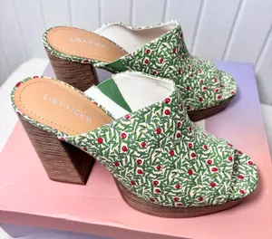NWT Lisa Vicky Joy Green Botanical Print Platform Mule Clog Heels Size 9 thumbnail 1