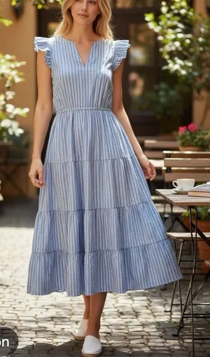J. Crew V-Neck Cotton Ruffle Cap Sleeve Tiered Striped Midi Dress thumbnail 1