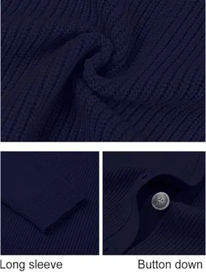 MEROKEETY Classic Navy Ribbed V-Neck Cardigan thumbnail 8